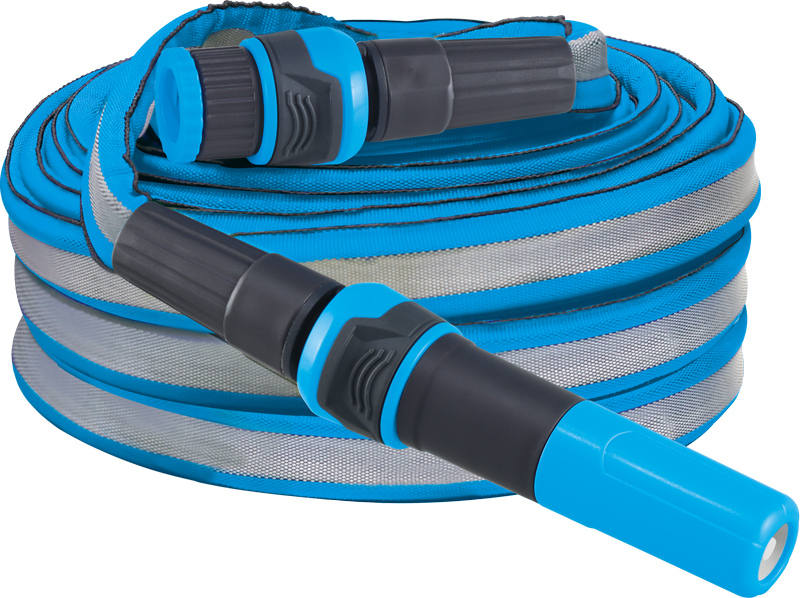 Lightweight textile-covered garden hose with adjustable spray nozzle