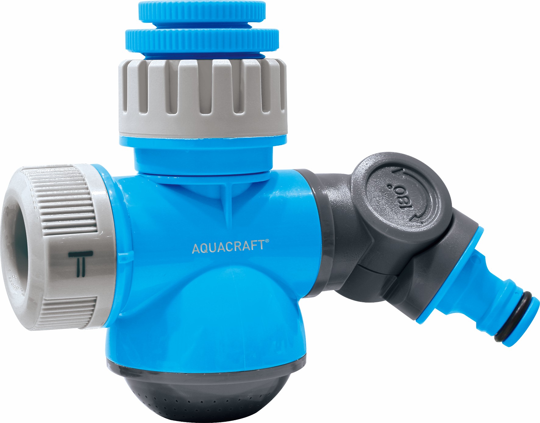 Rotating garden tap connector with center, shower, and hose functions