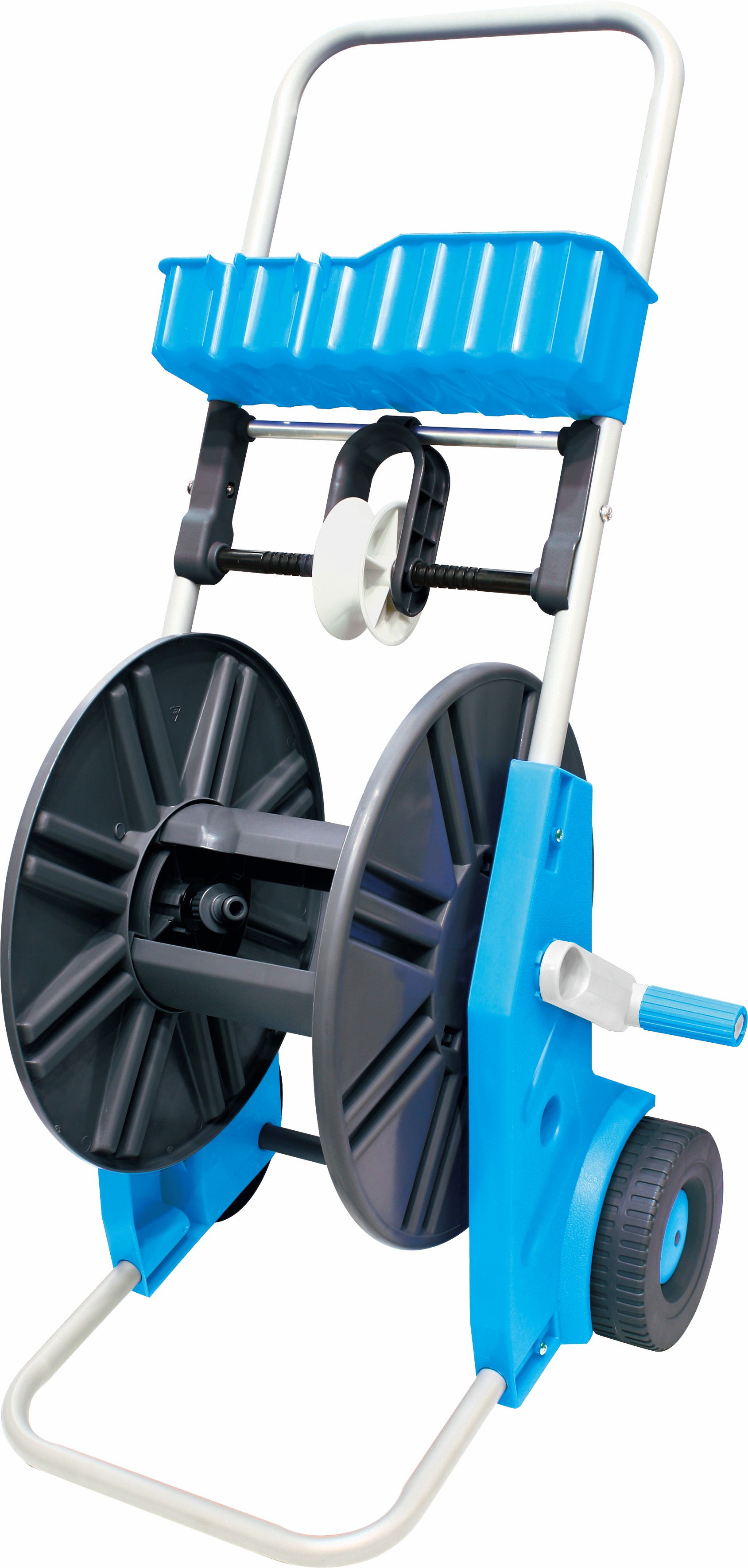 Wheeled garden hose reel with integrated tool basket