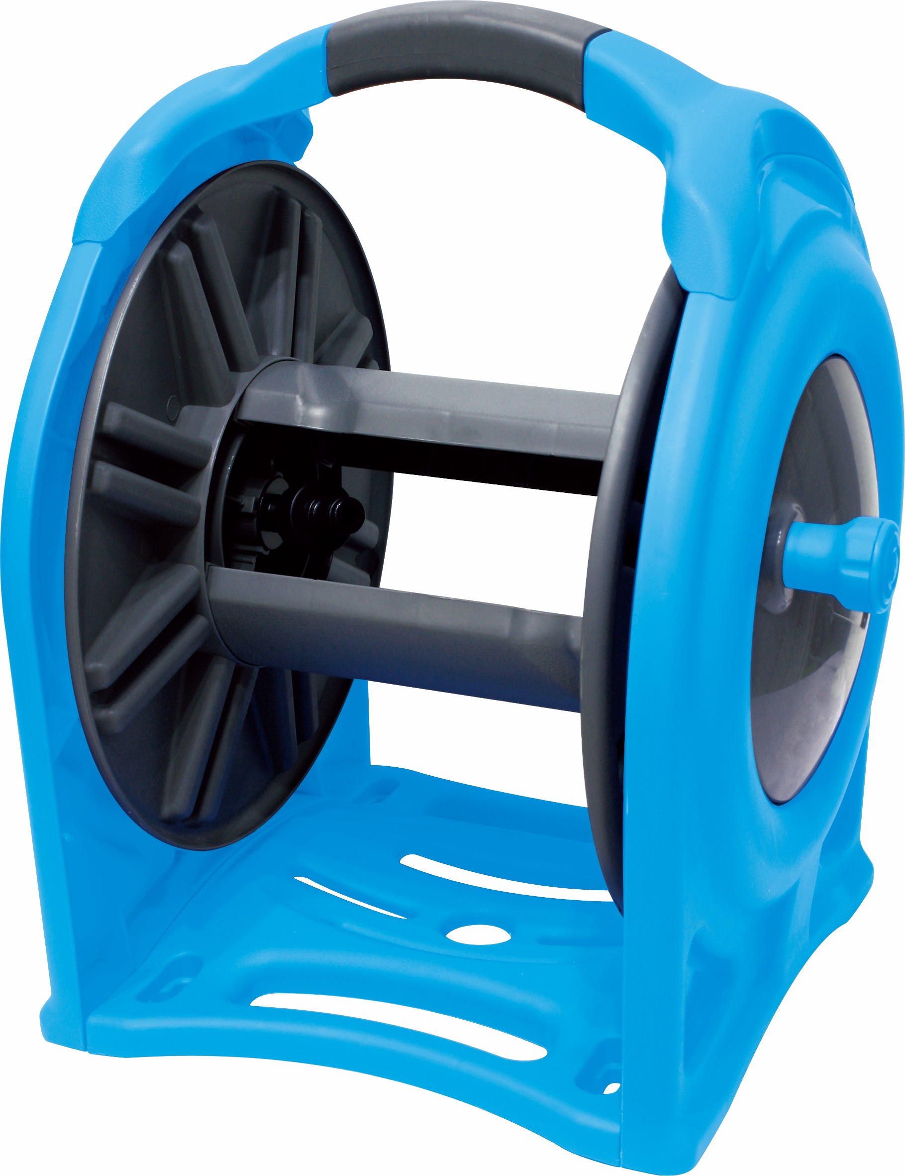 Wall-mounted garden hose reel with anti-kink angled connection